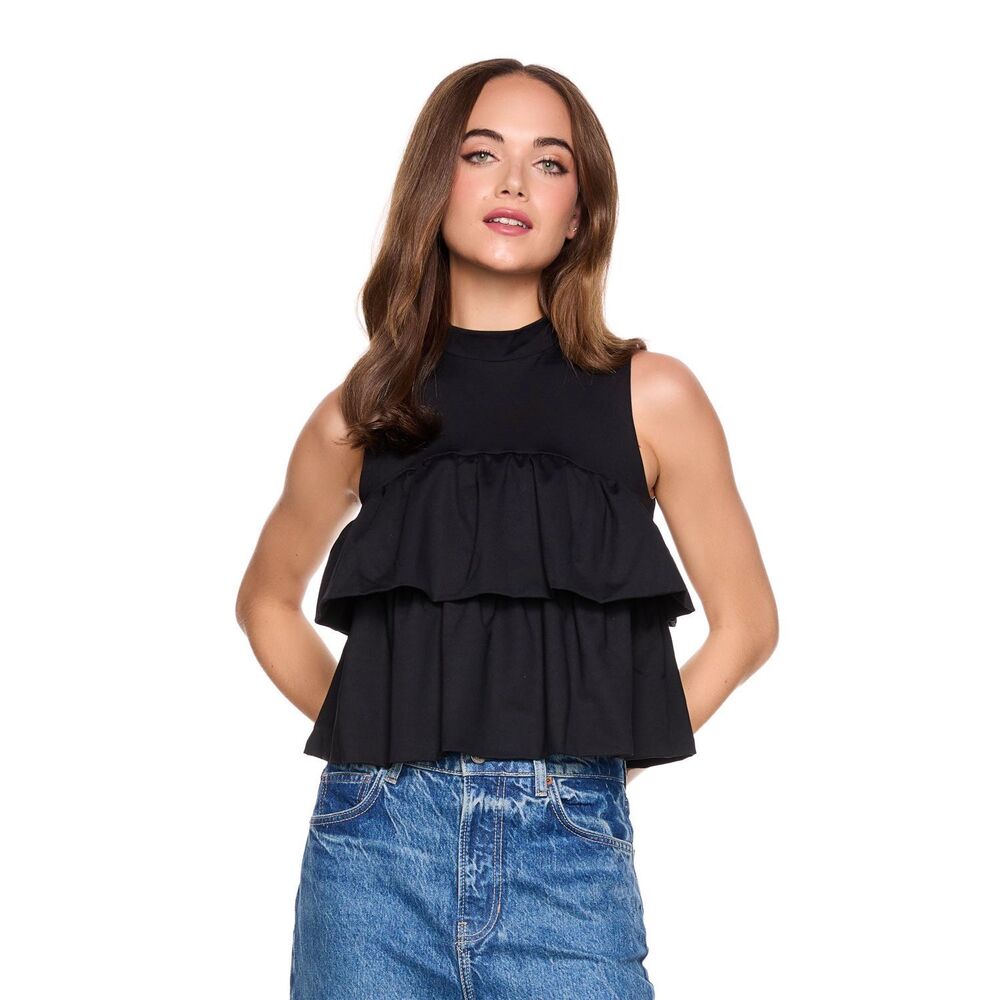 Susana Monaco Black Sleeveless Tiered Ruffle Top